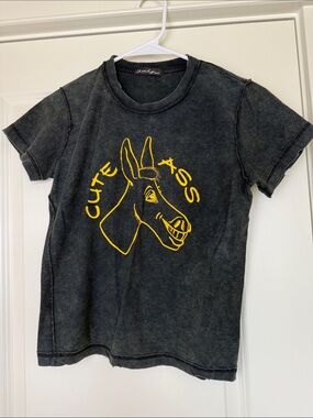 Cheeky Brand | Distressed Black Graphic Tee with Yellow Donkey Motif | Small